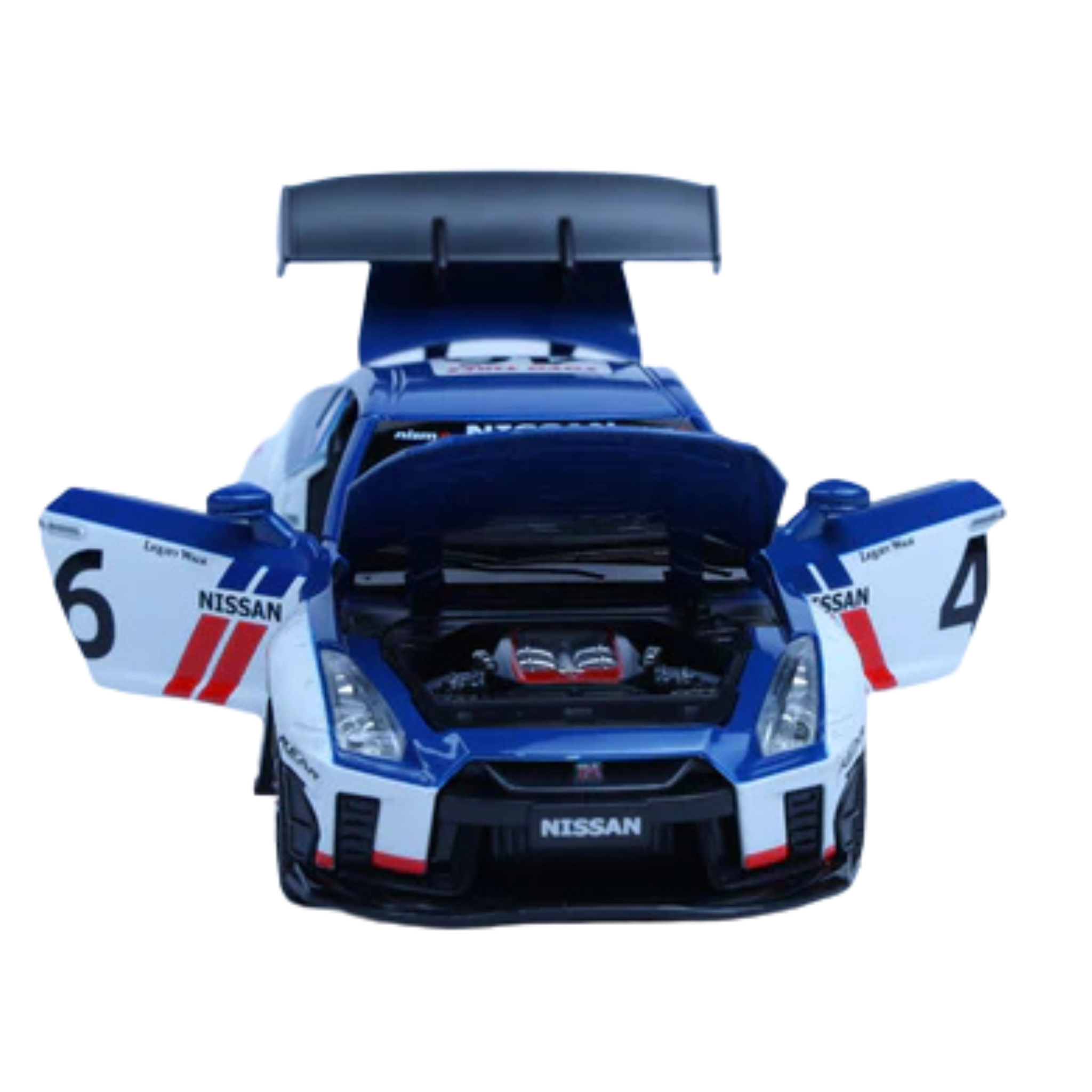 Nissan Skyline GTR R35 Diecast Car 1:22 – Pullback, Doors Open, Sound & Light (White/Blue)