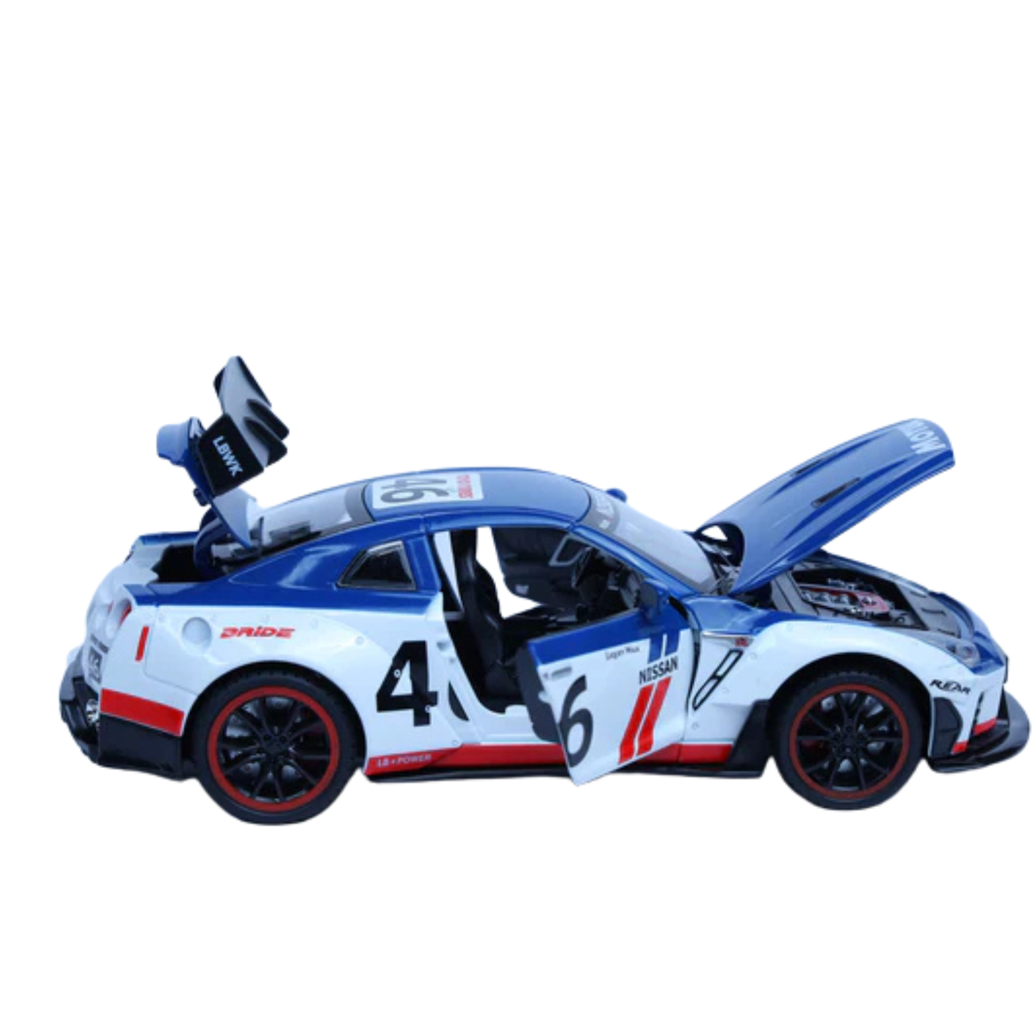 Nissan Skyline GTR R35 Diecast Car 1:22 – Pullback, Doors Open, Sound & Light (White/Blue)