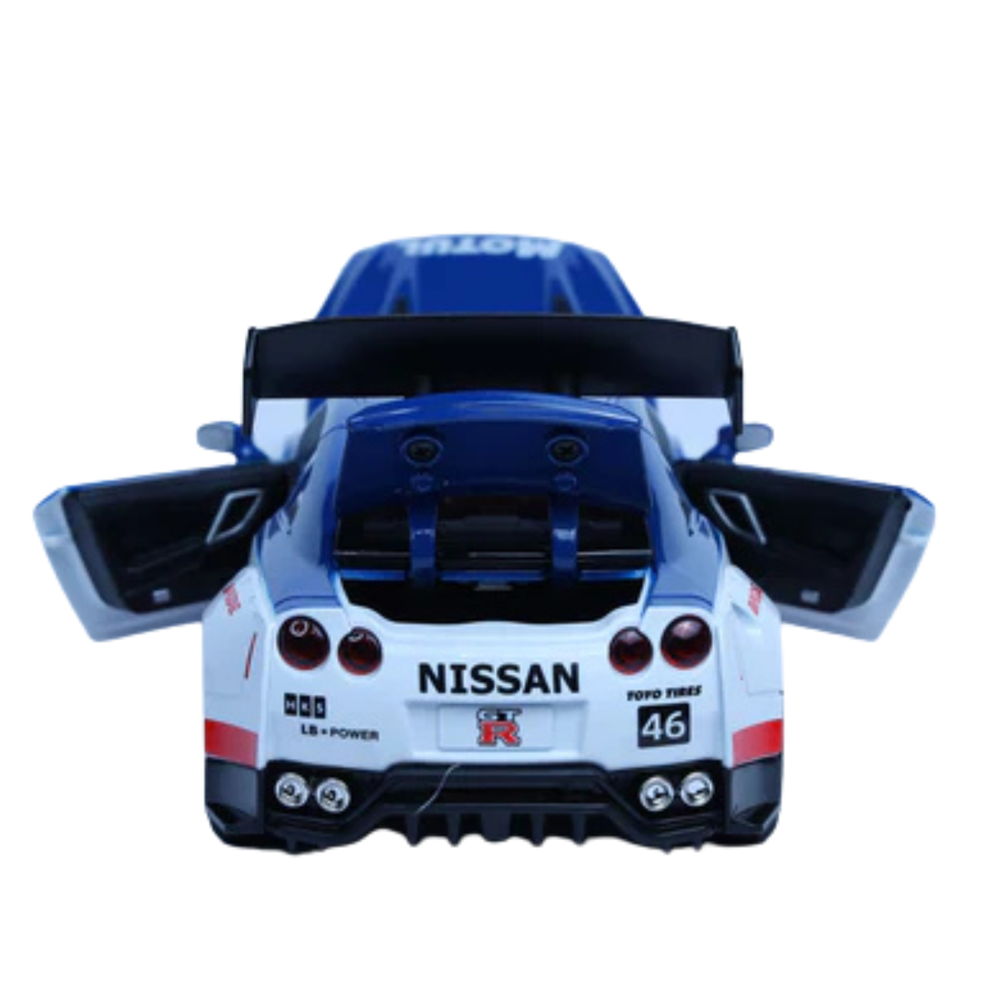 Nissan Skyline GTR R35 Diecast Car 1:22 – Pullback, Doors Open, Sound & Light (White/Blue)