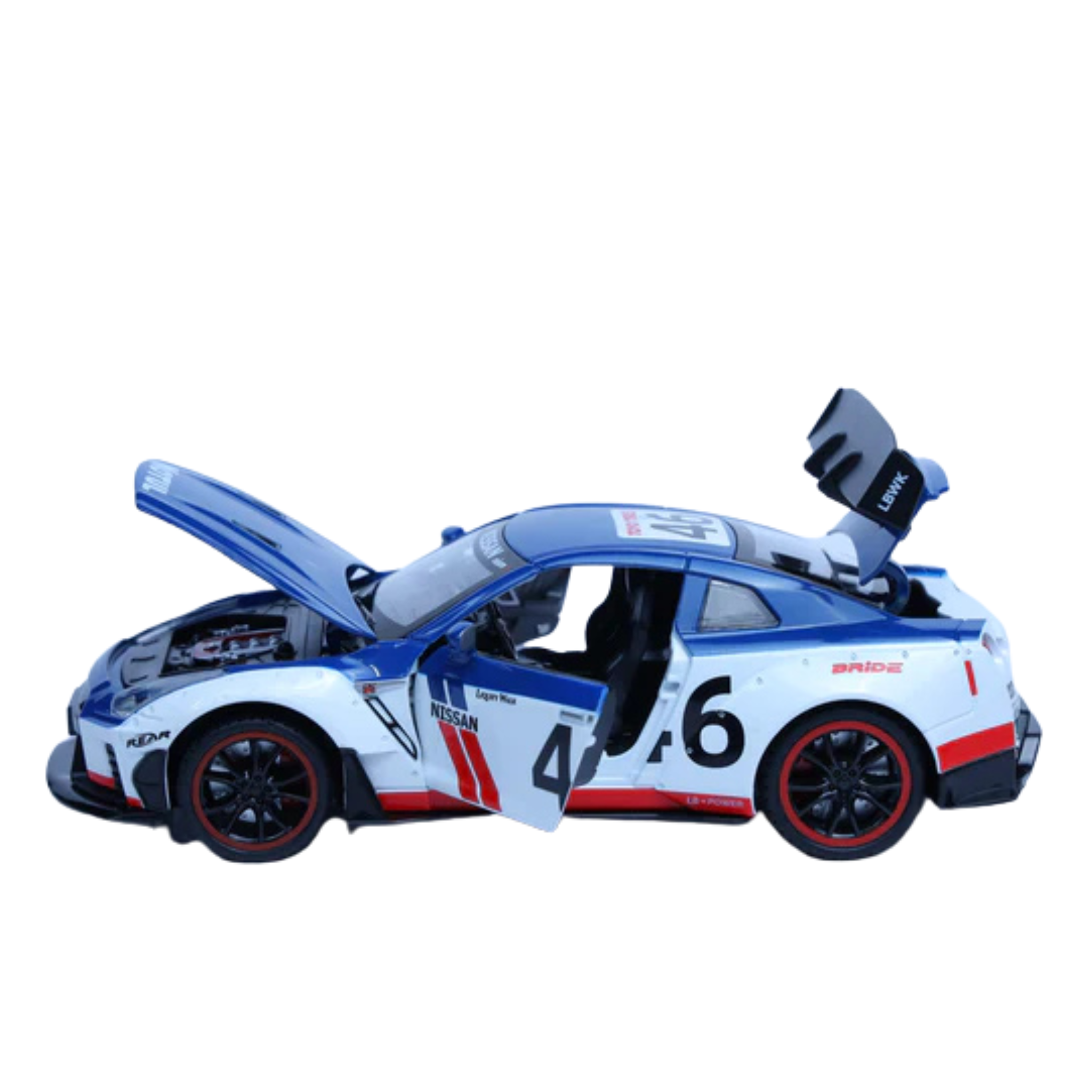 Nissan Skyline GTR R35 Diecast Car 1:22 – Pullback, Doors Open, Sound & Light (White/Blue)