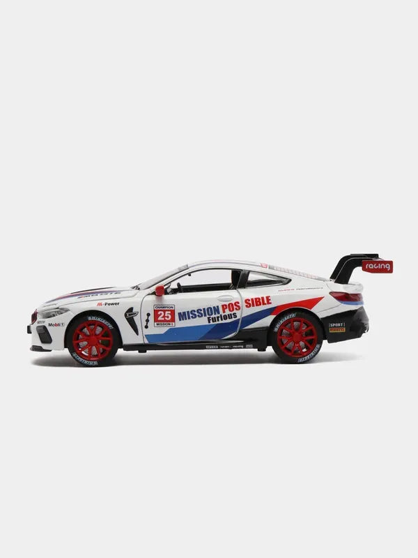 BMW M8 GTE White 1:24 Scale Diecast Model Car | Working Lights & Doors | Premium Collectible