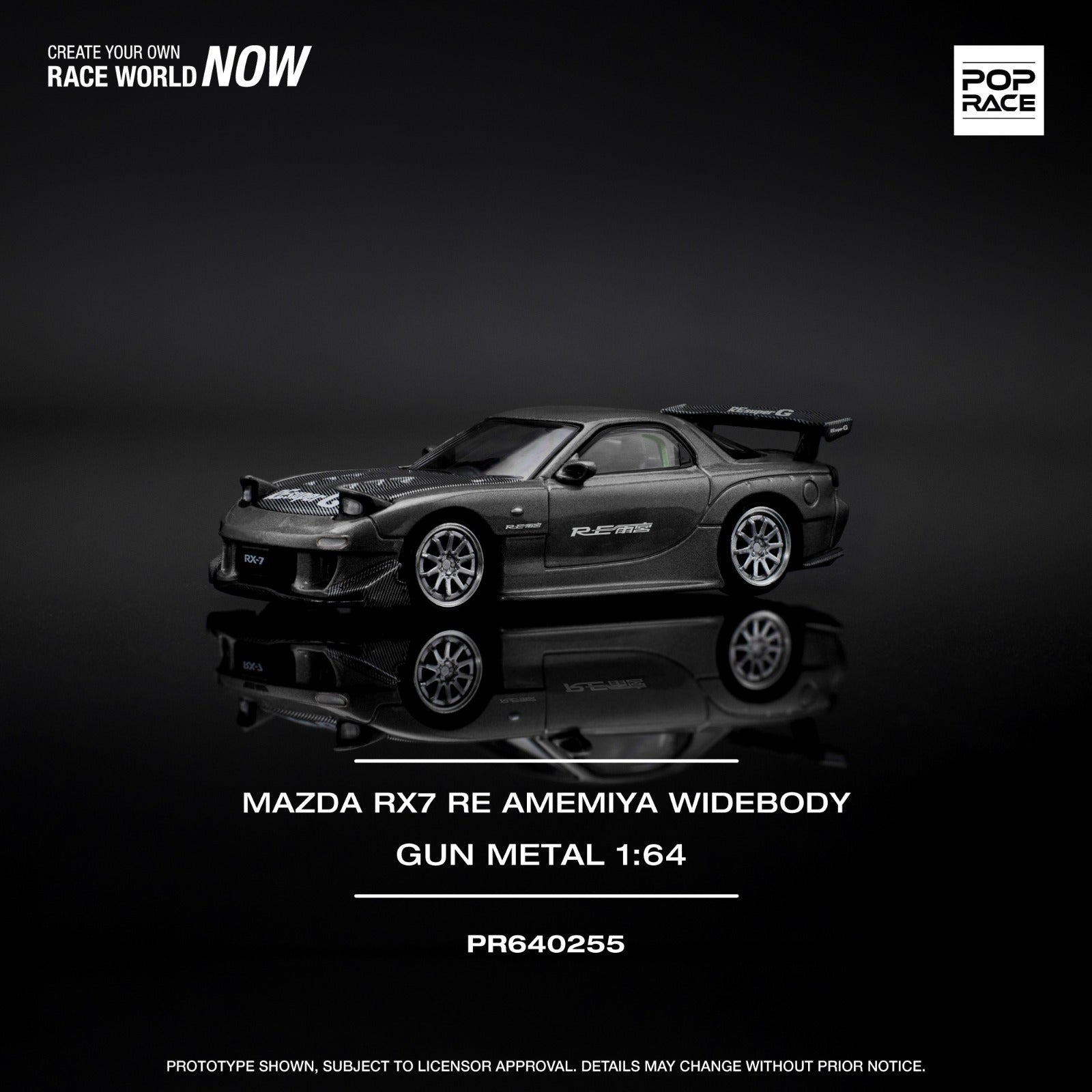 POP RACE Mazda RX-7 RE Amemiya Widebody Gun Metal 1:64 Diecast Metal Model Car