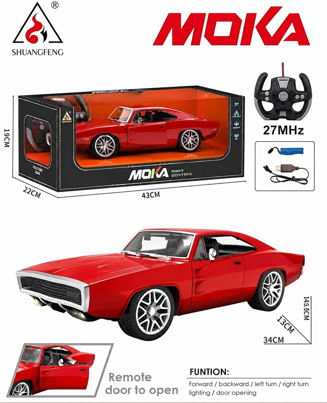 MOKA Classic Muscle Car RC Diecast Metal Toy Car – 1:12 Scale Remote Control Sports Model with Opening Doors