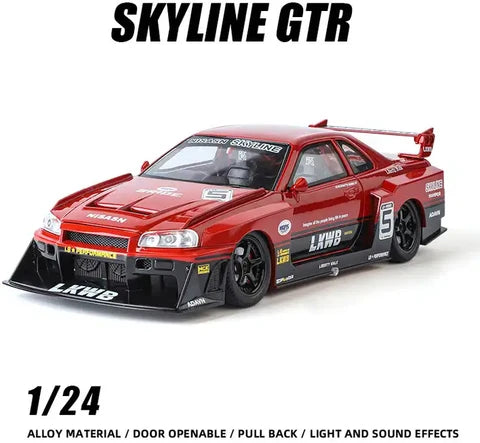 Nissan Skyline GTR R34 1:24 Scale Diecast Metal Toy Car with Opening Parts, Lights & Sound (Red)