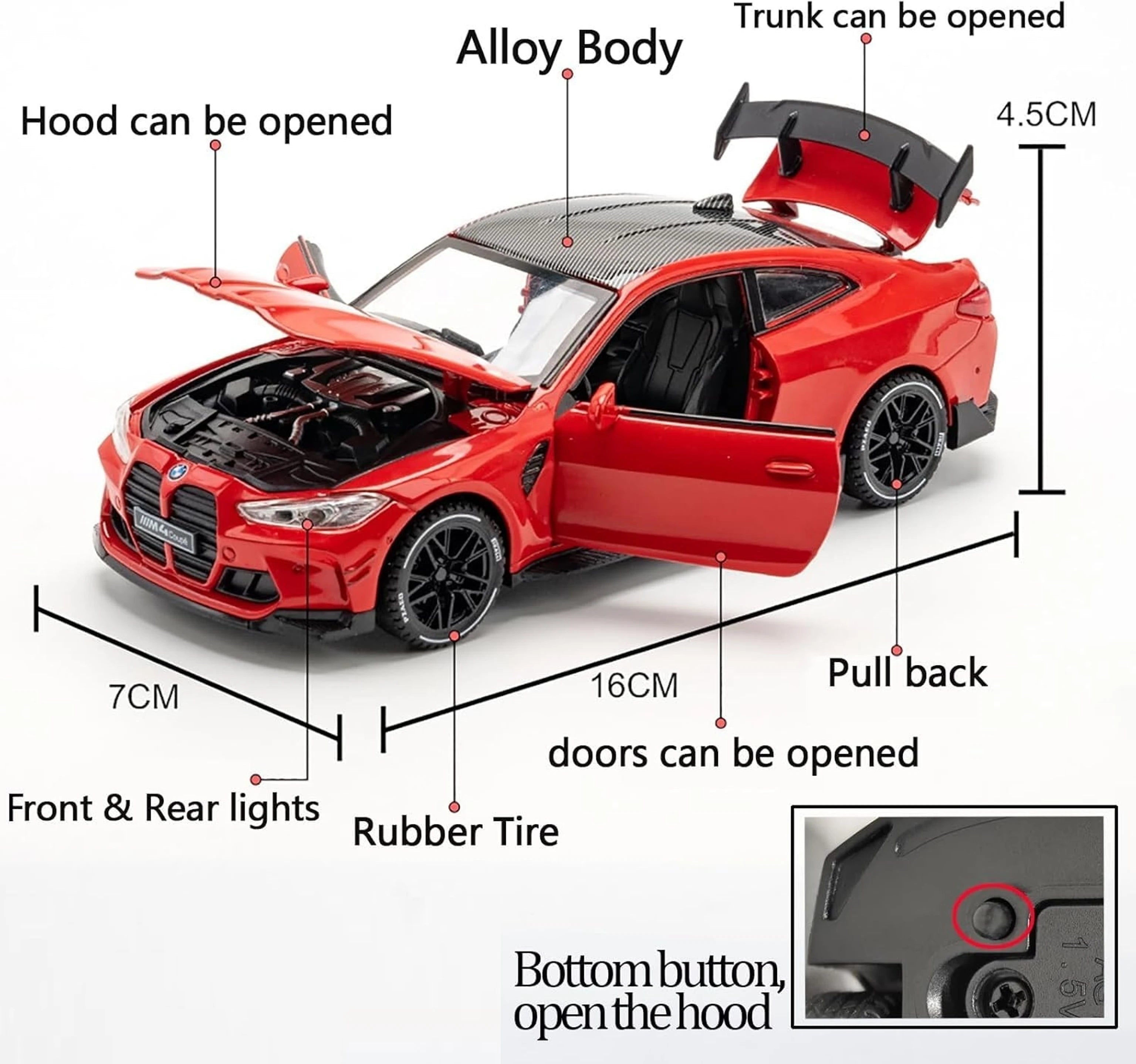 BMW M4 Coupe 1:32 Scale Diecast Alloy Model Car | Pull Back | Openable Doors, Hood & Trunk