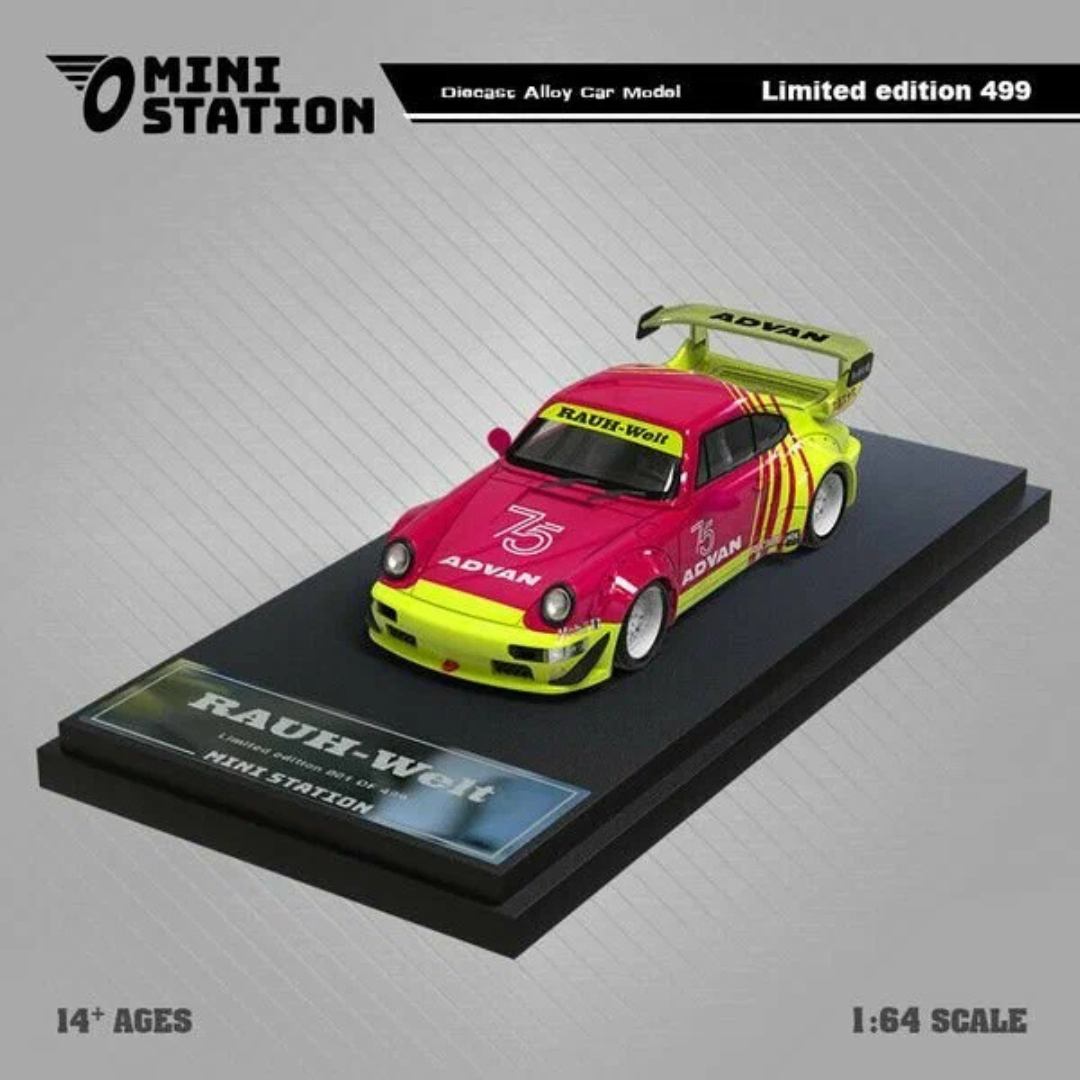 Mini Station Porsche 964 RWB "Advan" Pink/Yellow #75 (With Figure) 1:64 Diecast Widebody Car - MS640863-1