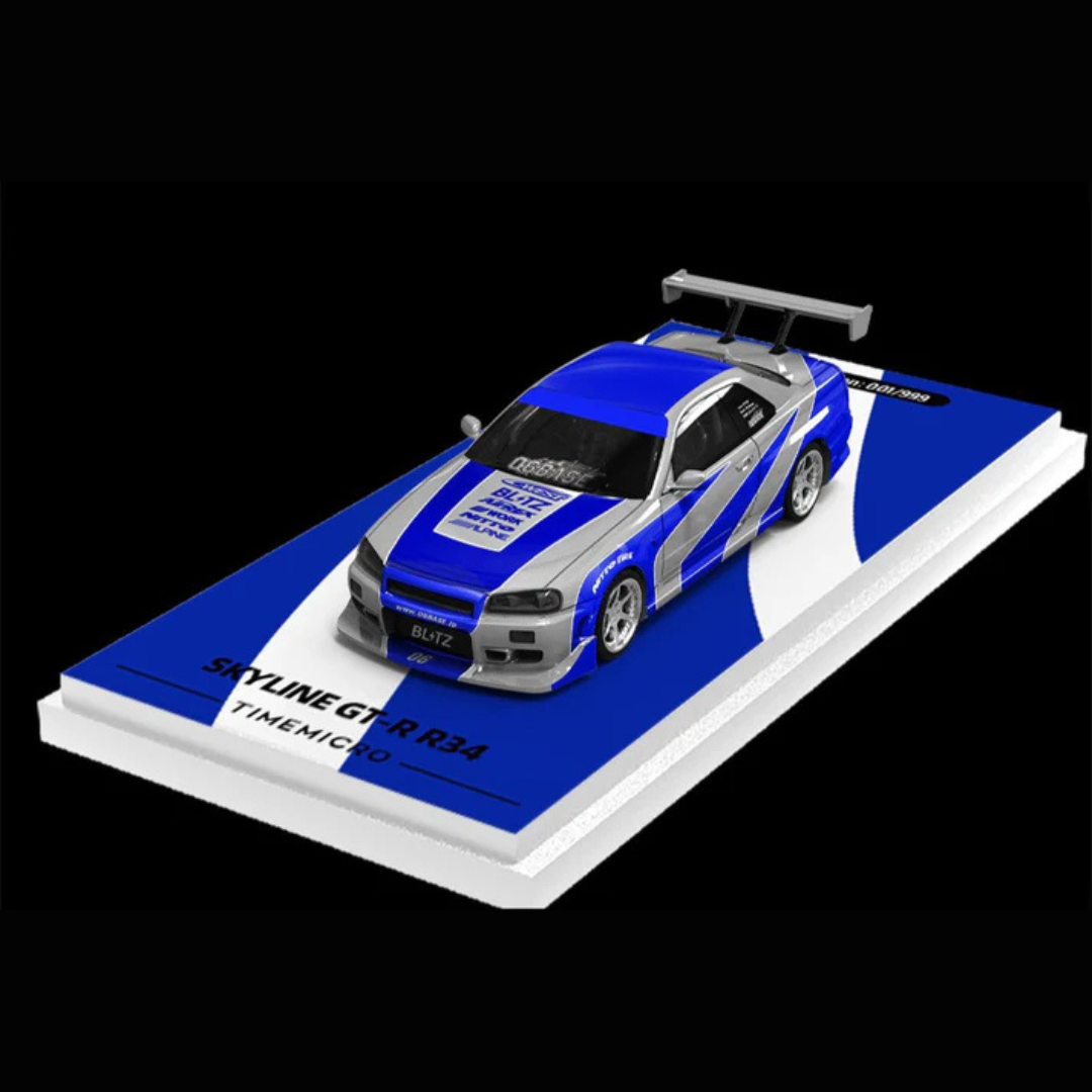 Time Micro Nissan Skyline GT-R R34 Blitz Blue/Silver 1:64 Diecast Widebody Car - TM800501