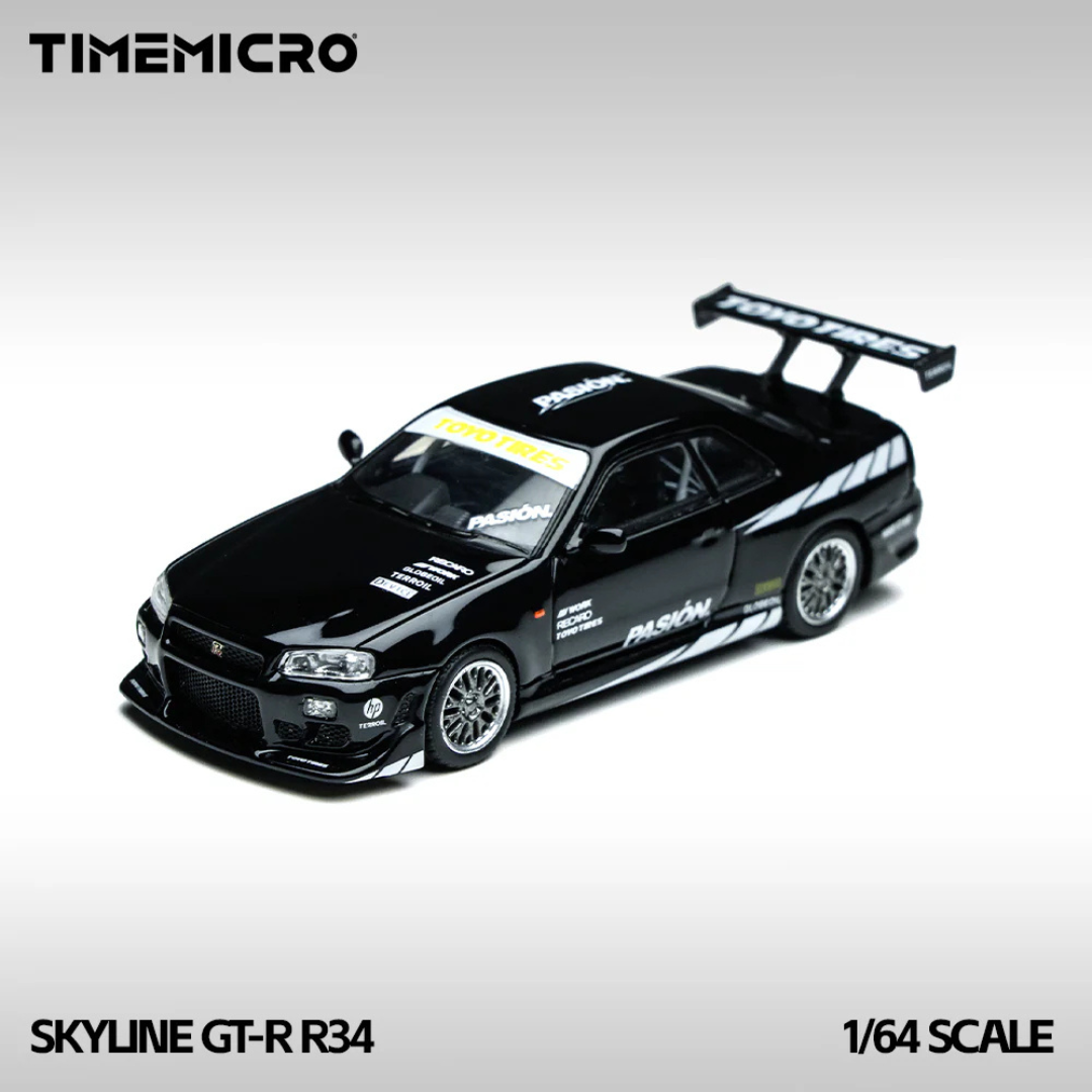 Time Micro Nissan Skyline GT-R R34 Pasion Black 1:64 Diecast Widebody Car - TM800504