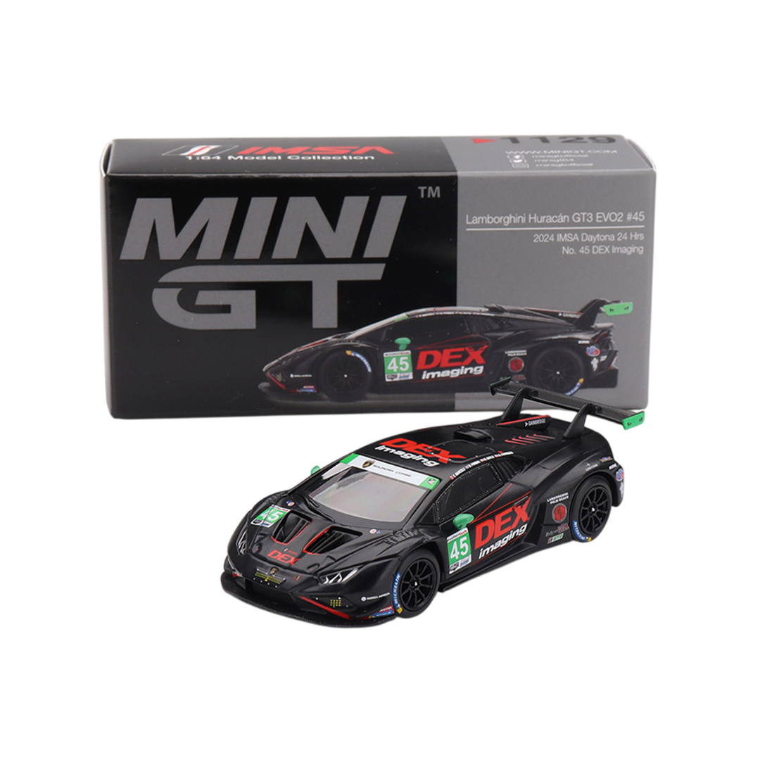 Mini GT Lamborghini Huracán GT3 EVO2 #45 DEX Imaging 2024 IMSA Daytona 24 Hrs Black - MGT01129-L - Box Version (Imported)