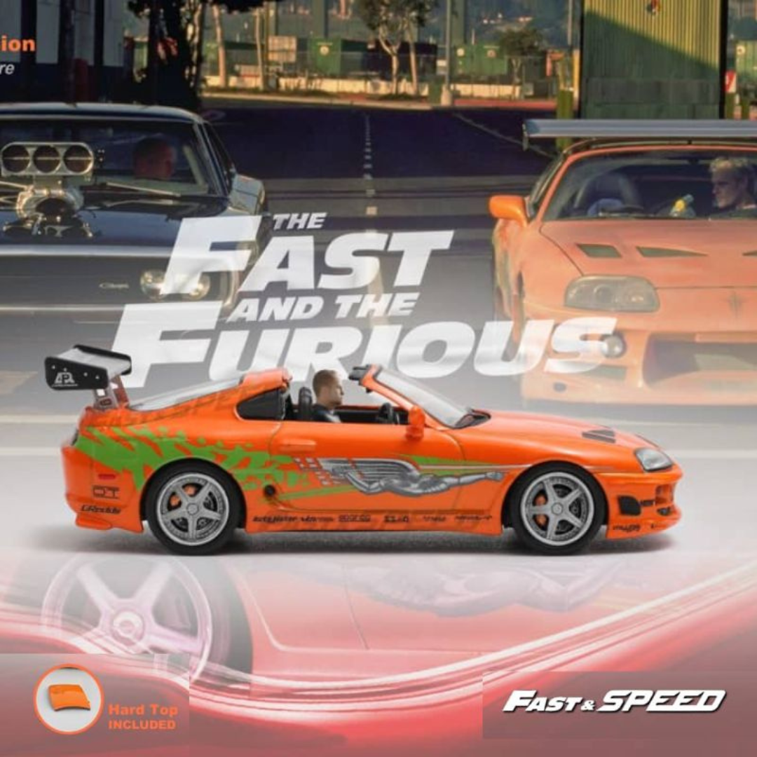 Fast & Speed 1:64 Toyota Supra A80 Targa Fast & Furious Orange Diecast Model Car with Driver Figure & Hard Top - FS-SUPRA-WF