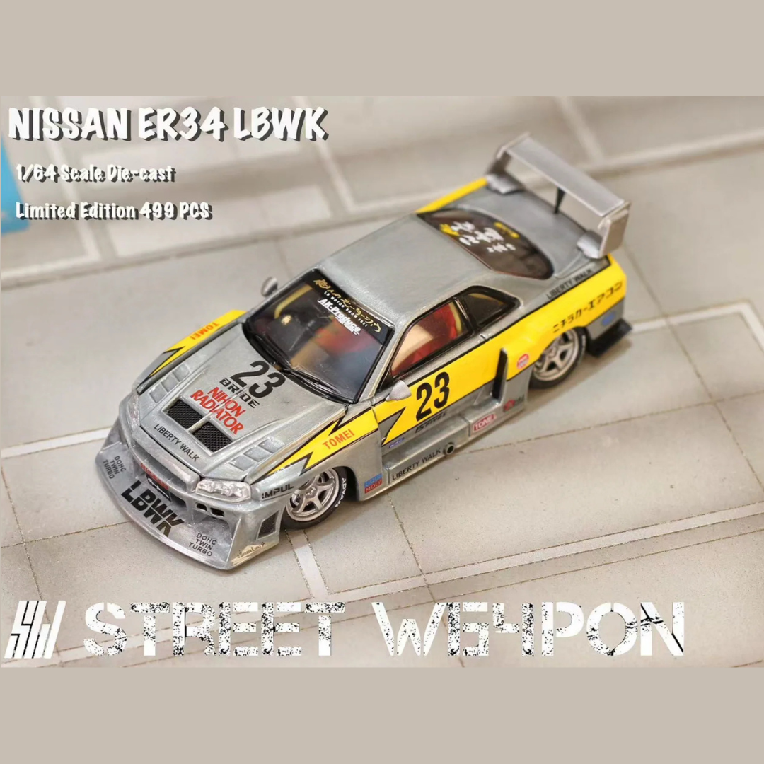 Street Weapon Nissan Skyline ER34 LBWK Super Silhouette #23 Silver/Yellow 1:64 Diecast (Limited to 499 pcs) - SW64-LBWK-ER34-RAW