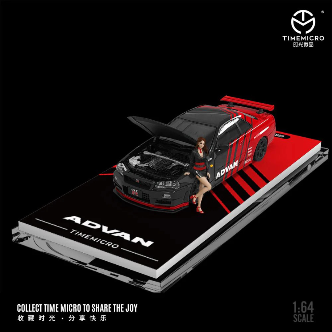 Time Micro Nissan Skyline GT-R R34 Advan Black/Red (With Figure) 1:64 Diecast Widebody Car - TM646316-1
