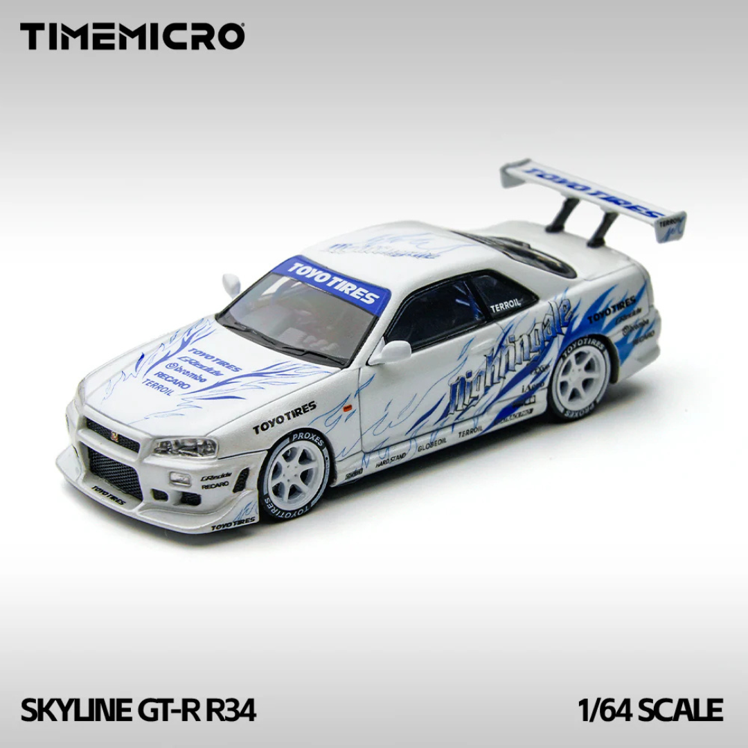 Time Micro Nissan Skyline GT-R R34 Nightingale White/Blue 1:64 Diecast Widebody Car - TM800503