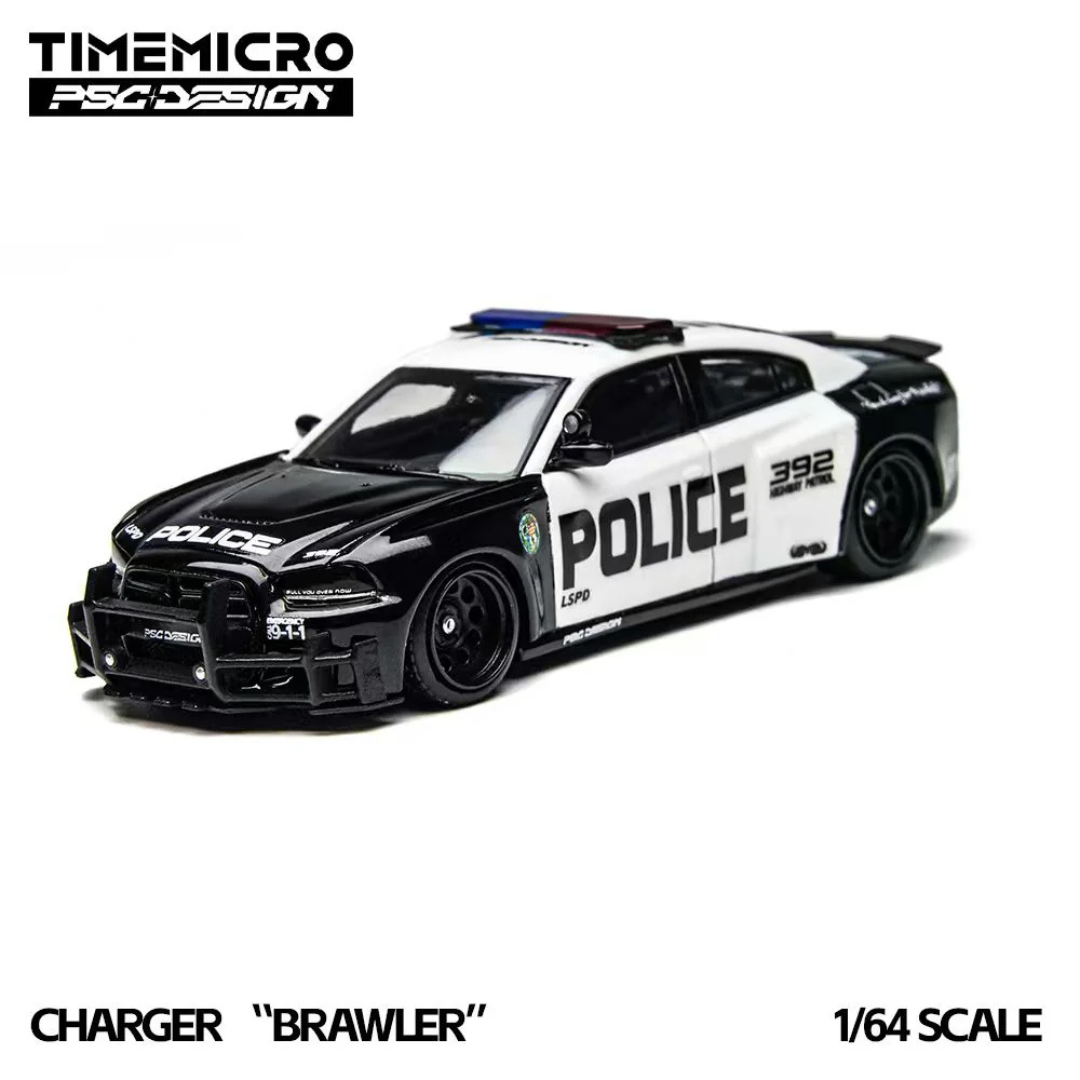 Time Micro x PSG Design Dodge Charger "Brawler" LSPD Police Black/White 1:64 Diecast Widebody Car - TM648201