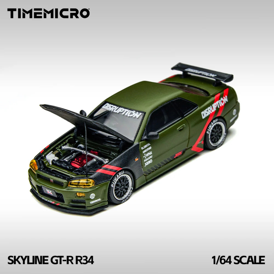 Time Micro Nissan Skyline GT-R R34 Disruption Matte Green 1:64 Diecast Widebody Car - TM646317