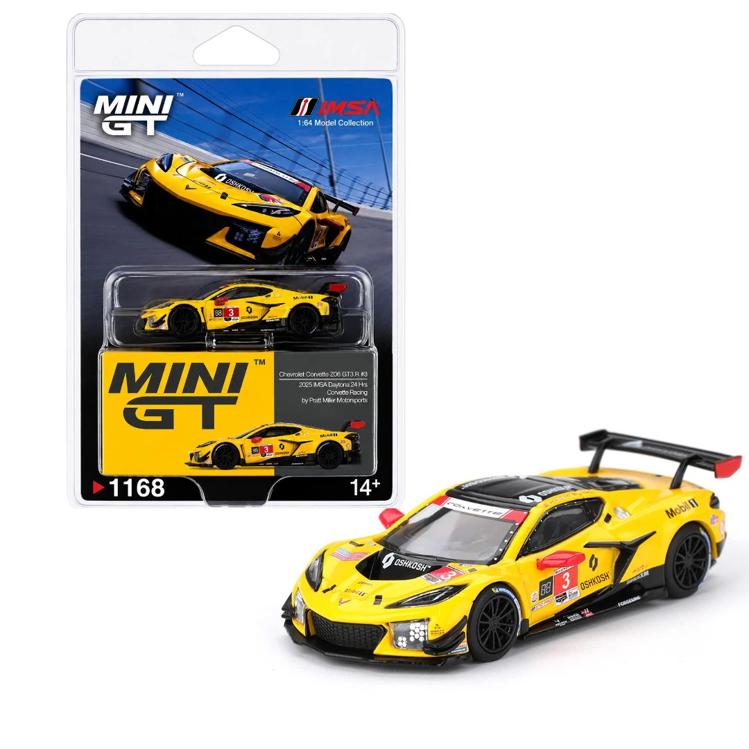 Mini GT Chevrolet Corvette Z06 GT3.R #3 Corvette Racing 2025 IMSA Daytona 24 Hrs Yellow - MGT01168-BL - Blister Version