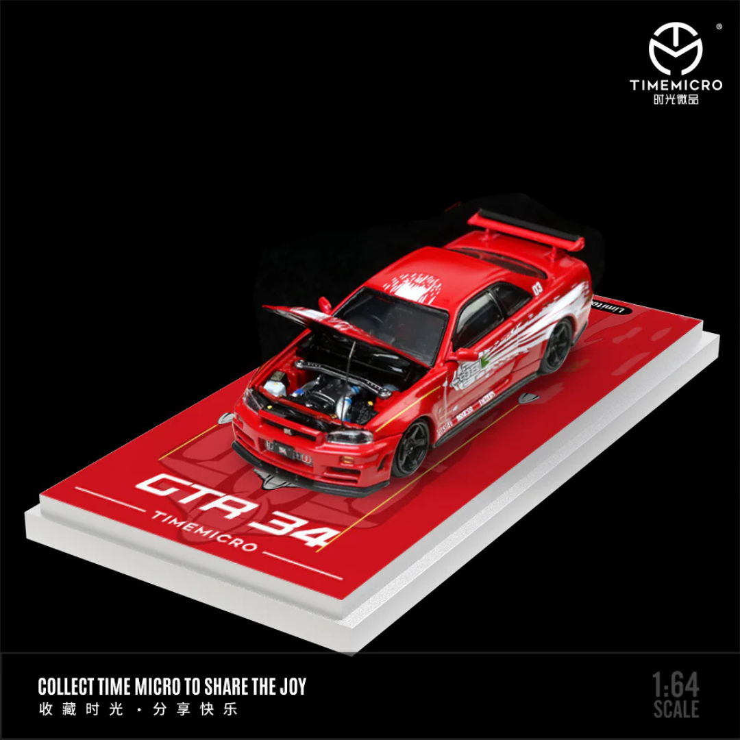 Time Micro Nissan Skyline GT-R R34 Red/White Splash 1:64 Diecast Widebody Car - TM643435