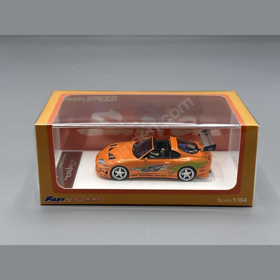 Fast & Speed 1:64 Toyota Supra A80 Targa Fast & Furious Orange Diecast Model Car with Driver Figure & Hard Top - FS-SUPRA-WF