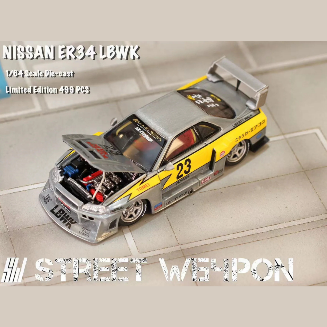 Street Weapon Nissan Skyline ER34 LBWK Super Silhouette #23 Silver/Yellow 1:64 Diecast (Limited to 499 pcs) - SW64-LBWK-ER34-RAW