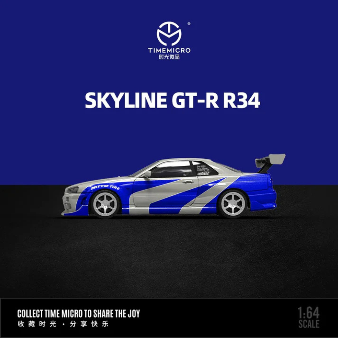 Time Micro Nissan Skyline GT-R R34 Blitz Blue/Silver 1:64 Diecast Widebody Car - TM800501