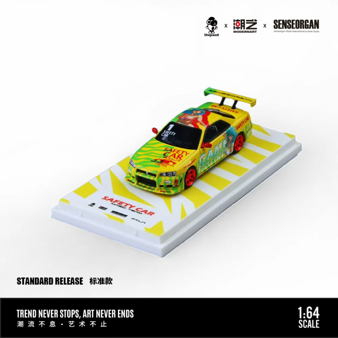 ModernArt × SenseOrgan × Shepwell 1:64 Nissan Skyline GT-R R34 Game Station Safety Car "Salute to Youth / Tokyo Heat" – MD800505