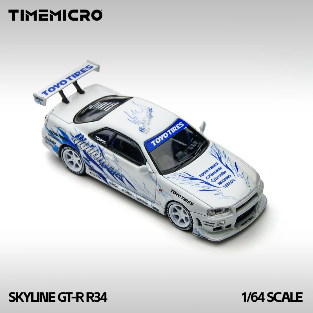 Time Micro Nissan Skyline GT-R R34 Nightingale White/Blue 1:64 Diecast Widebody Car - TM800503