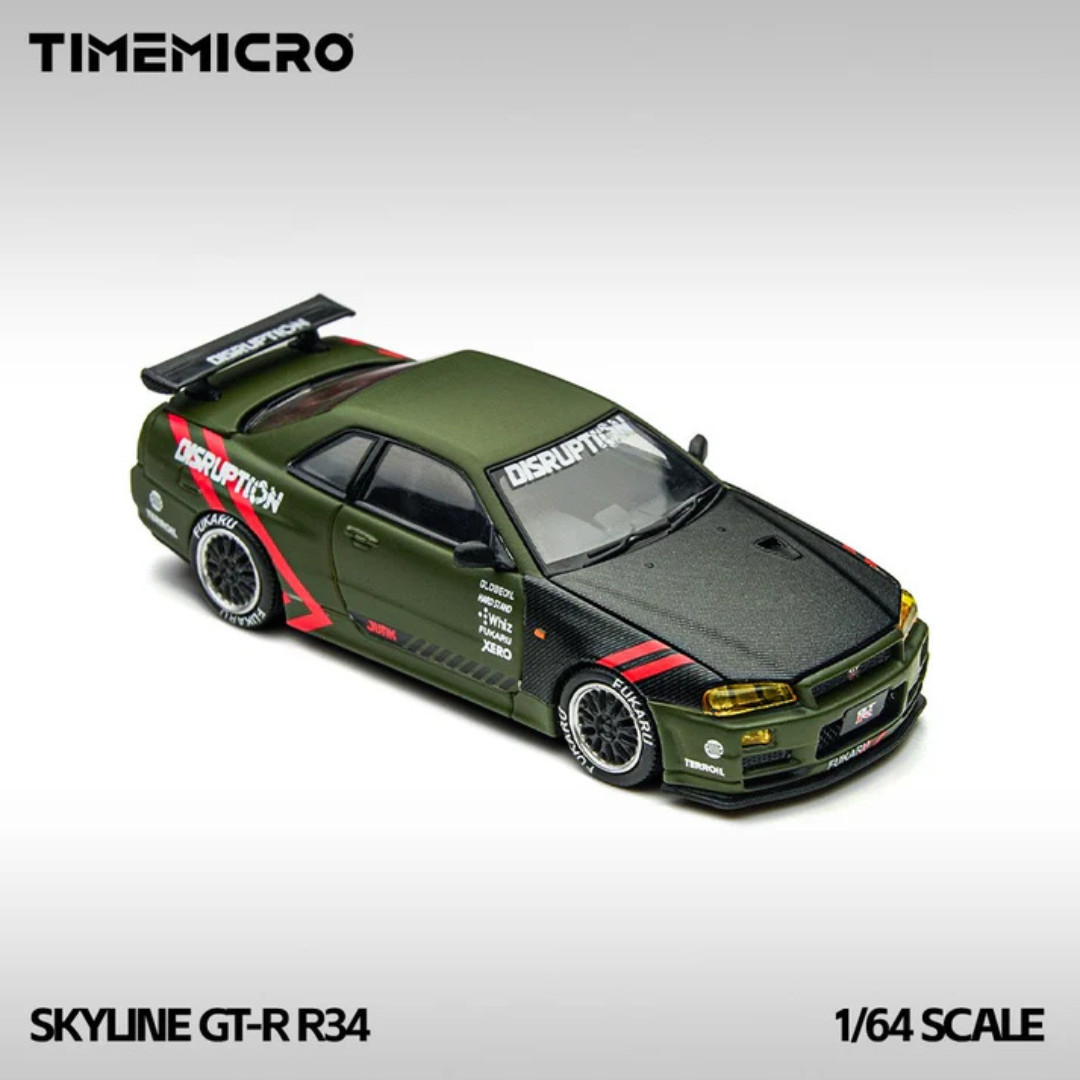 Time Micro Nissan Skyline GT-R R34 Disruption Matte Green 1:64 Diecast Widebody Car - TM646317