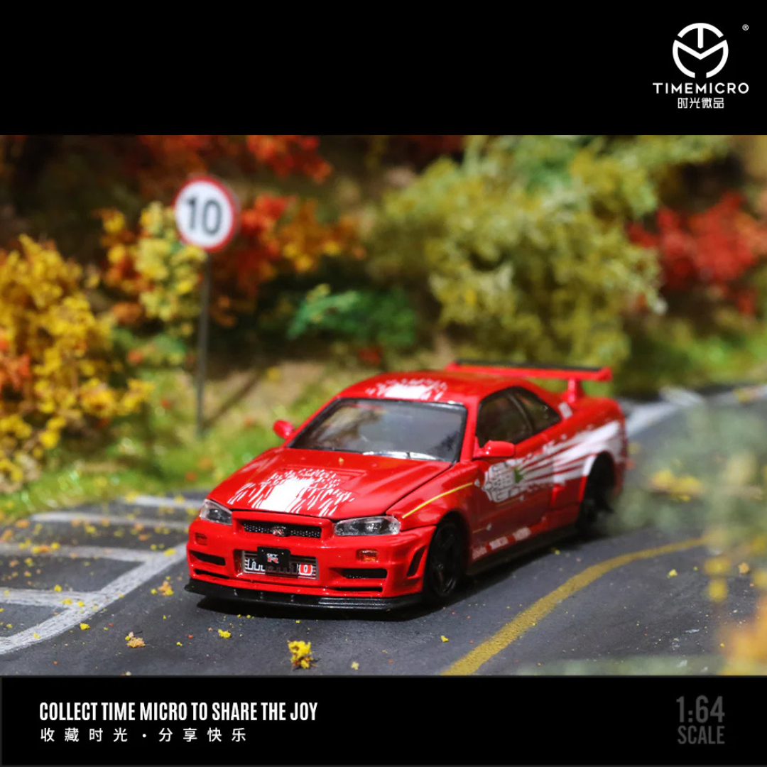Time Micro Nissan Skyline GT-R R34 Red/White Splash 1:64 Diecast Widebody Car - TM643435