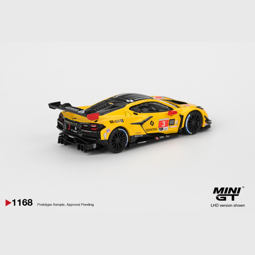 Mini GT Chevrolet Corvette Z06 GT3.R #3 Corvette Racing 2025 IMSA Daytona 24 Hrs Yellow - MGT01168 - Box Version