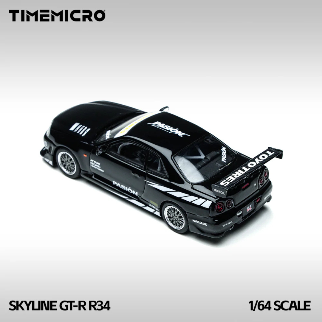 Time Micro Nissan Skyline GT-R R34 Pasion Black 1:64 Diecast Widebody Car - TM800504