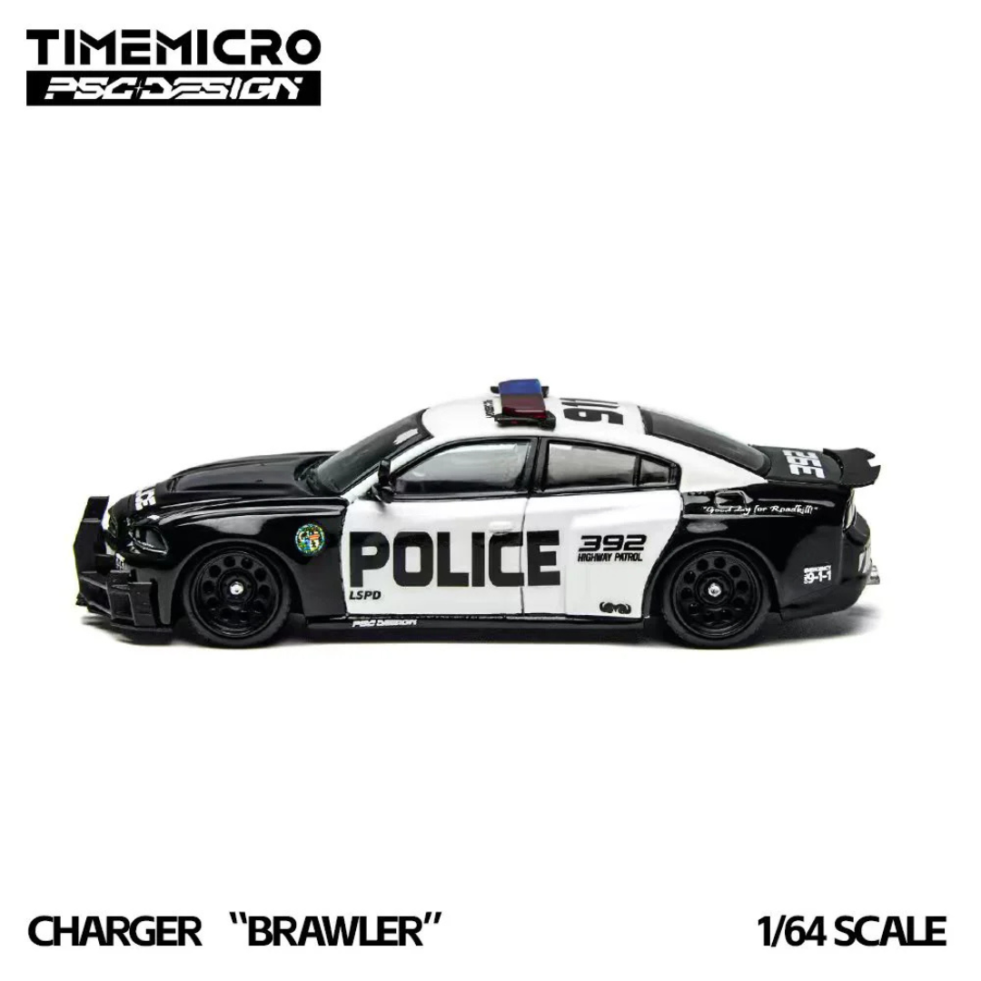Time Micro x PSG Design Dodge Charger "Brawler" LSPD Police Black/White 1:64 Diecast Widebody Car - TM648201