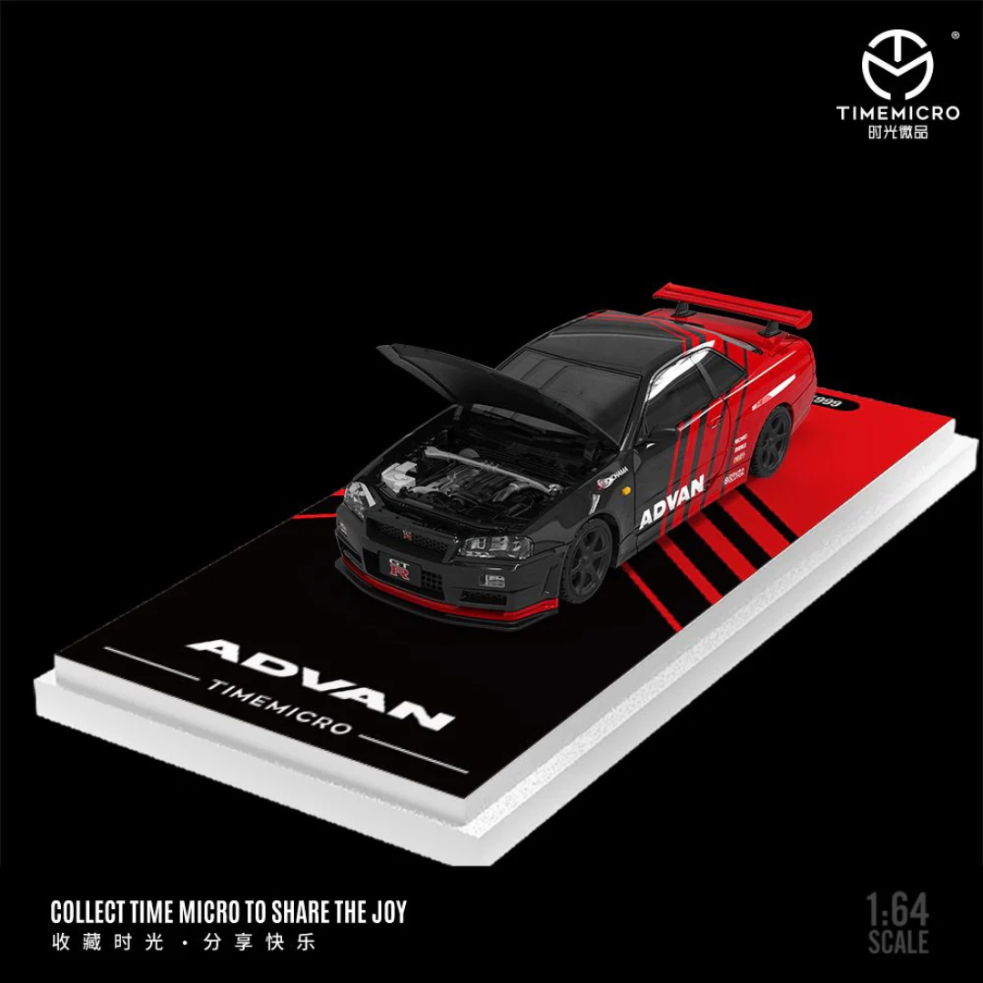 Time Micro Nissan Skyline GT-R R34 Advan Black/Red (With Figure) 1:64 Diecast Widebody Car - TM646316-1