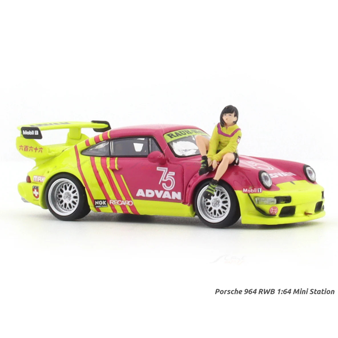 Mini Station Porsche 964 RWB "Advan" Pink/Yellow #75 (With Figure) 1:64 Diecast Widebody Car - MS640863-1
