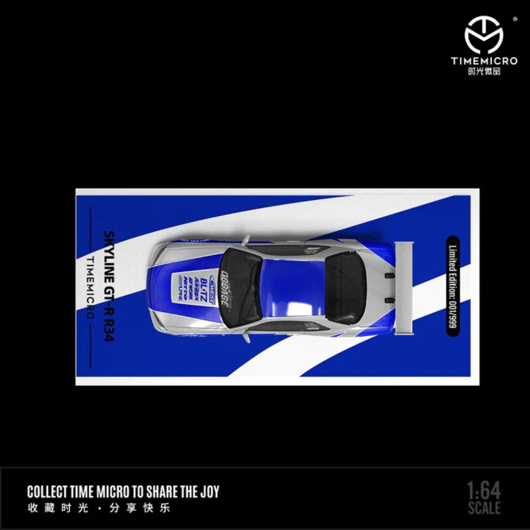 Time Micro Nissan Skyline GT-R R34 Blitz Blue/Silver 1:64 Diecast Widebody Car - TM800501