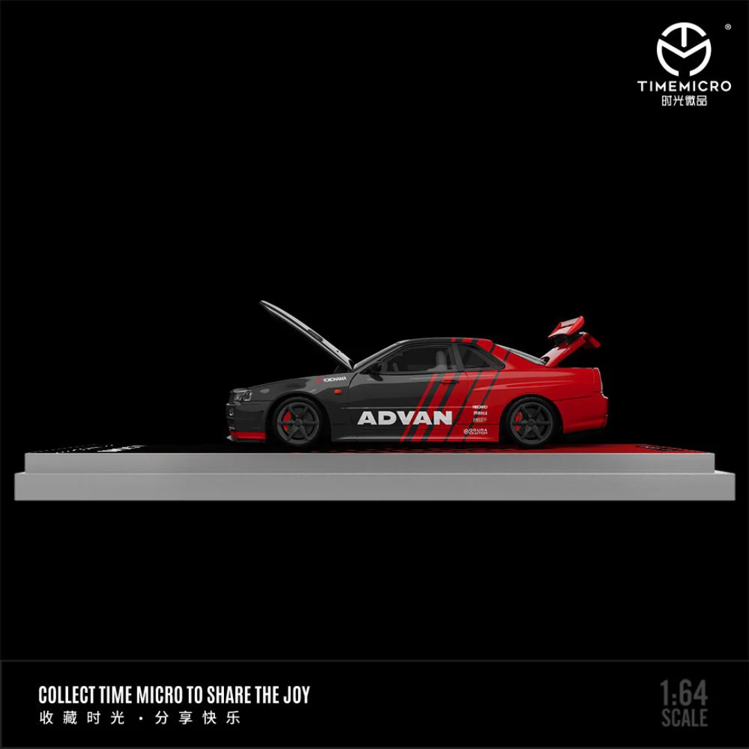 Time Micro Nissan Skyline GT-R R34 Advan Black/Red (With Figure) 1:64 Diecast Widebody Car - TM646316-1
