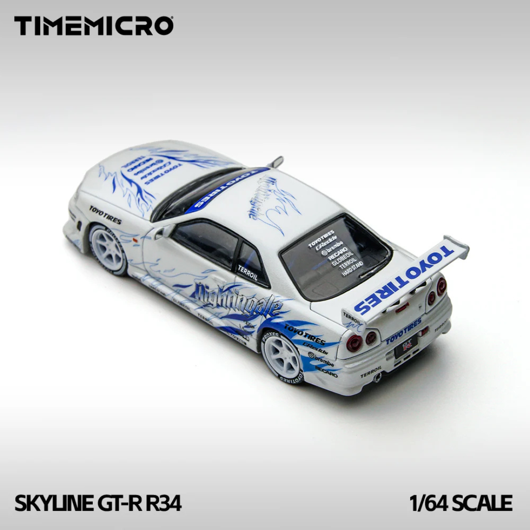 Time Micro Nissan Skyline GT-R R34 Nightingale White/Blue 1:64 Diecast Widebody Car - TM800503