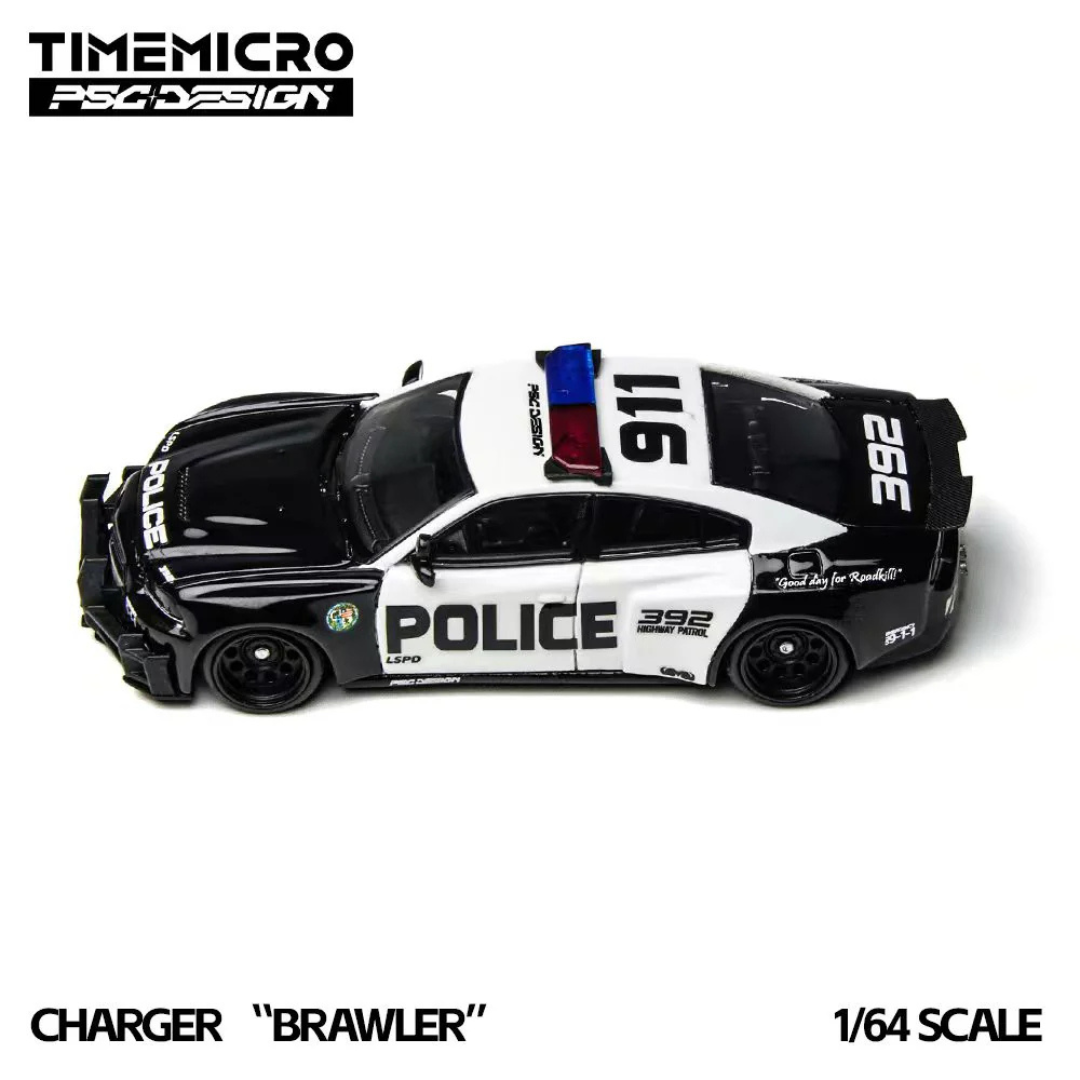 Time Micro x PSG Design Dodge Charger "Brawler" LSPD Police Black/White 1:64 Diecast Widebody Car - TM648201