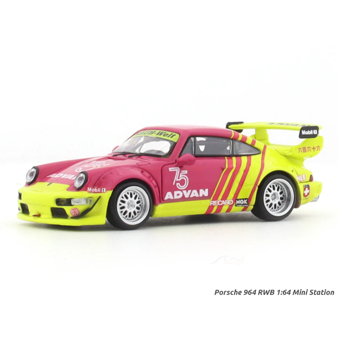 Mini Station Porsche 964 RWB "Advan" Pink/Yellow #75 (With Figure) 1:64 Diecast Widebody Car - MS640863-1