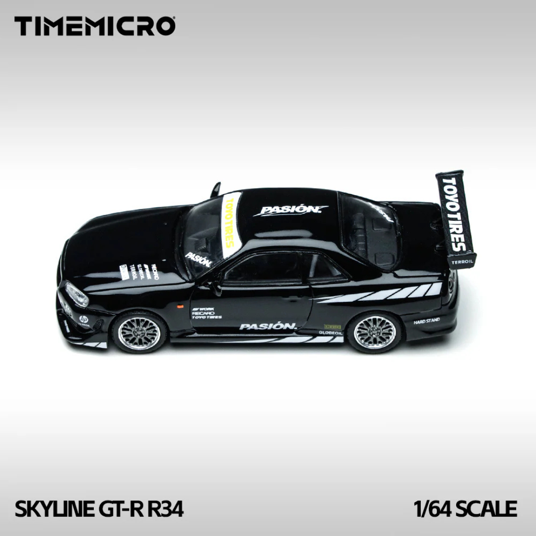 Time Micro Nissan Skyline GT-R R34 Pasion Black 1:64 Diecast Widebody Car - TM800504
