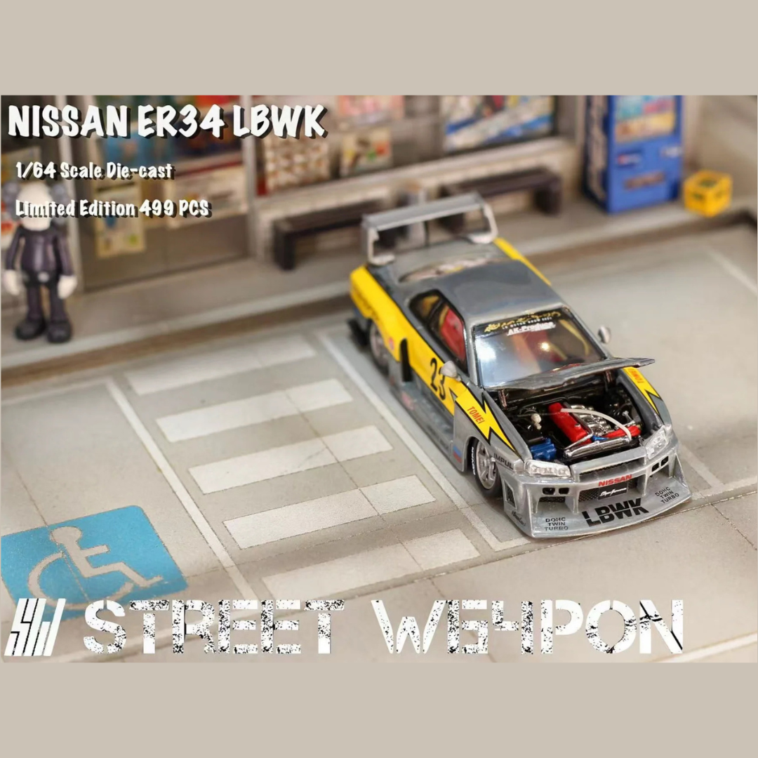 Street Weapon Nissan Skyline ER34 LBWK Super Silhouette #23 Silver/Yellow 1:64 Diecast (Limited to 499 pcs) - SW64-LBWK-ER34-RAW