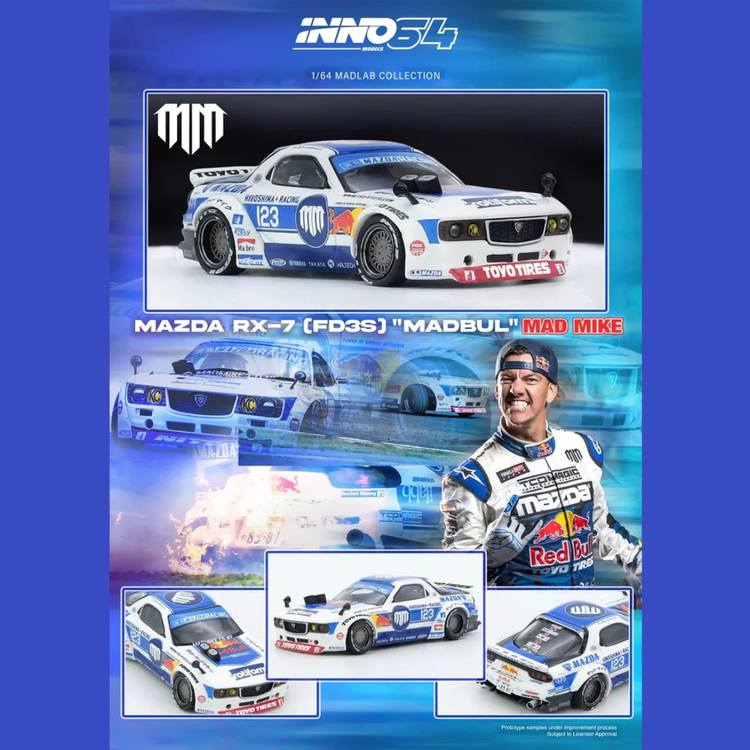 INNO64 Mazda RX-7 (FD3S) Madbul Mad Mike #123 White/Blue 1:64 Diecast Drift Car - IN64-MADLAB01-MADBUL