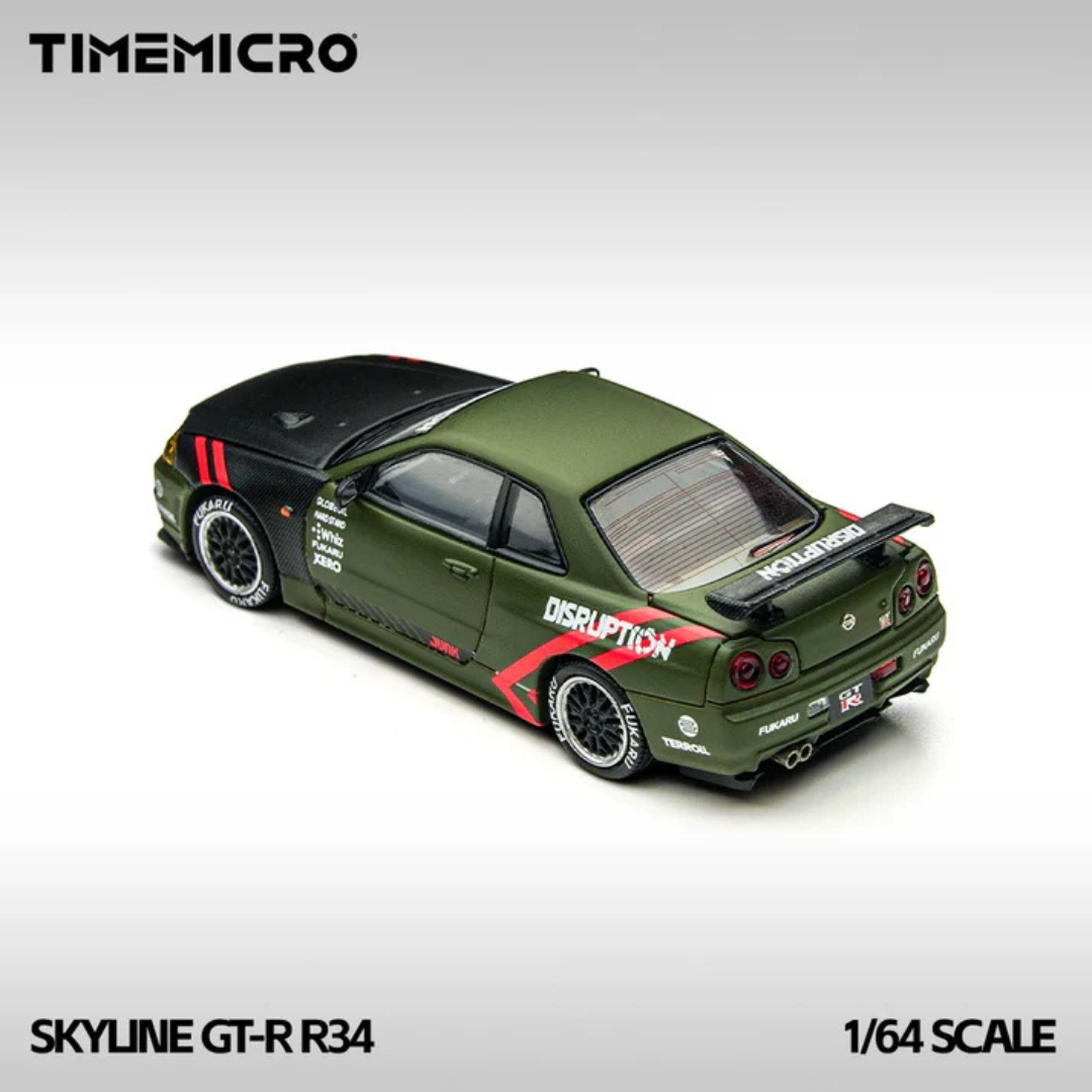 Time Micro Nissan Skyline GT-R R34 Disruption Matte Green 1:64 Diecast Widebody Car - TM646317
