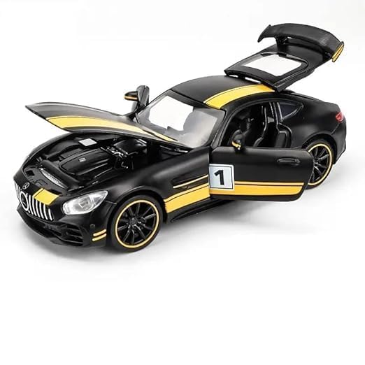 Mercedes AMG GT 1:24 Scale Diecast Metal Toy Car – Black & Yellow Racing Edition with Opening Doors, Bonnet & Trunk