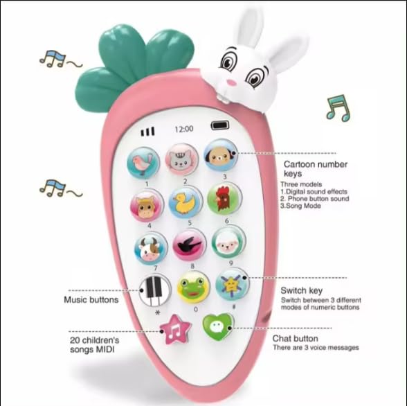 Baby Musical Toy Phone – Rabbit Carrot Shape Learning Mobile with Lights & Sounds for Kids (Pink)