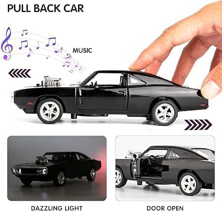 Dodge Charger 1:24 Scale Diecast Metal Toy Car – Classic Black Muscle Car with Engine Detailing