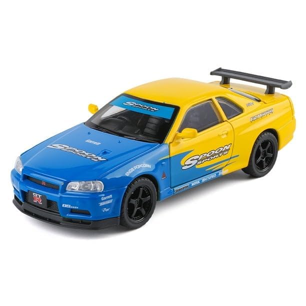 Nissan Skyline GT-R R34 1:32 Diecast Metal Toy Car Model – Alloy Body, Opening Parts, Rubber Tyres (Blue/Yellow)