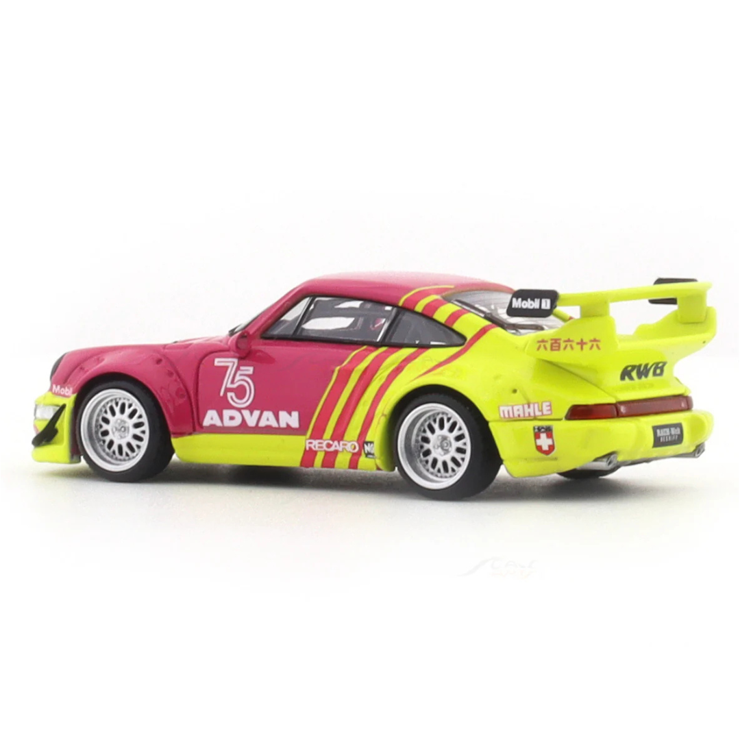 Mini Station Porsche 964 RWB "Advan" Pink/Yellow #75 (With Figure) 1:64 Diecast Widebody Car - MS640863-1