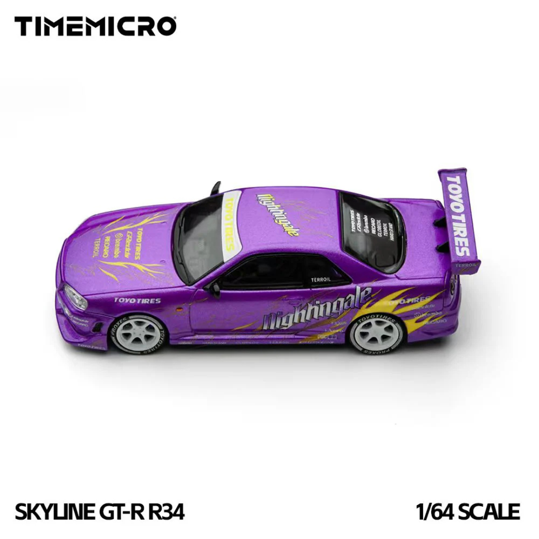 Time Micro Nissan Skyline GT-R R34 "Drifting Flames" Purple Nightingale Edition -TM800506