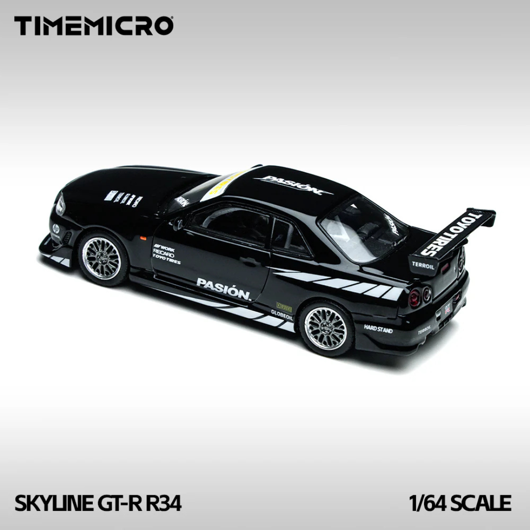 Time Micro Nissan Skyline GT-R R34 Pasion Black 1:64 Diecast Widebody Car - TM800504