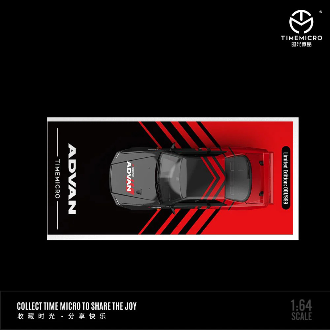 Time Micro Nissan Skyline GT-R R34 Advan Black/Red (With Figure) 1:64 Diecast Widebody Car - TM646316-1